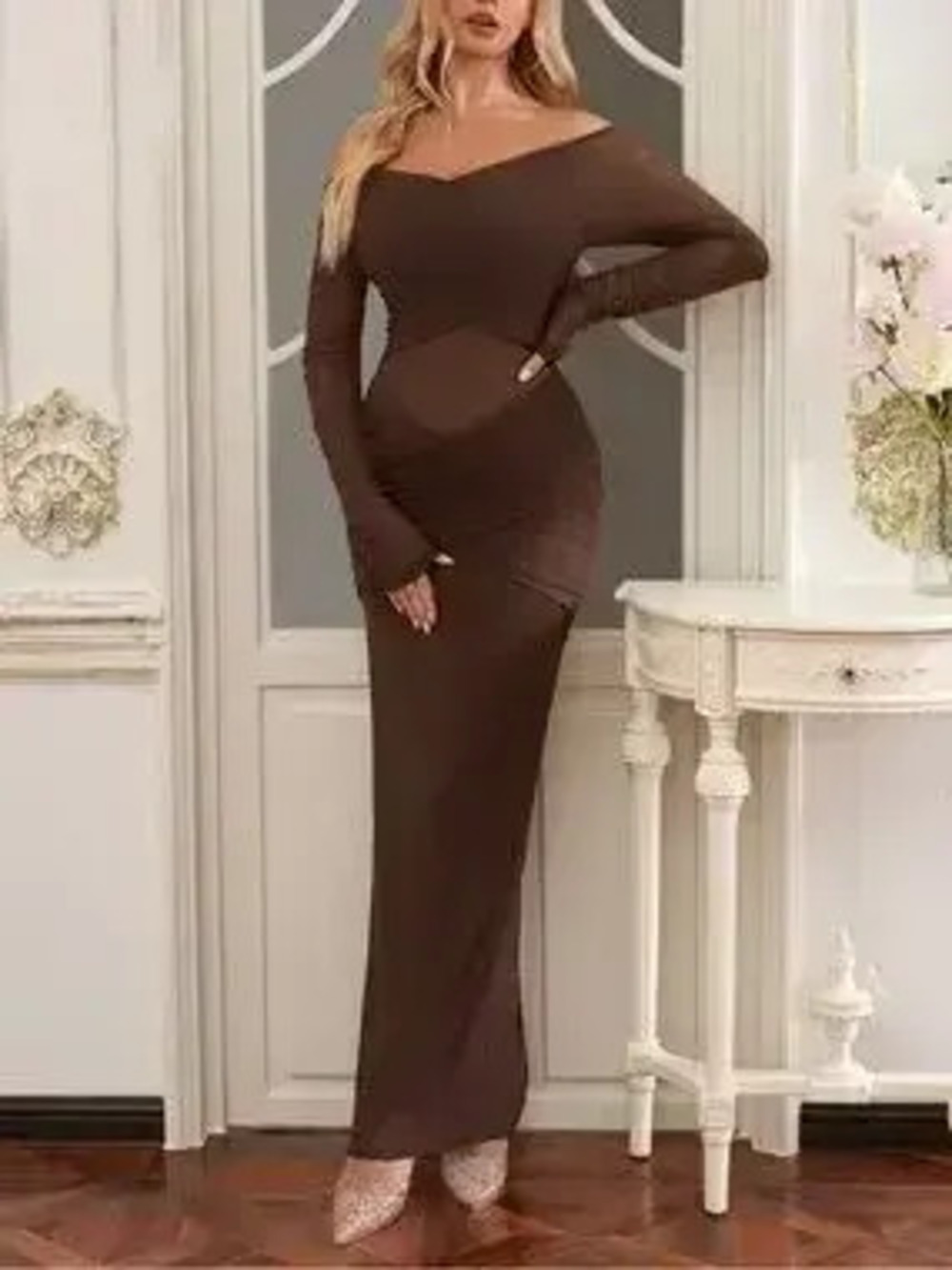 Off-Shoulder Ruched Mesh Long Sleeve Maxi Dress - Picture 6 of 9